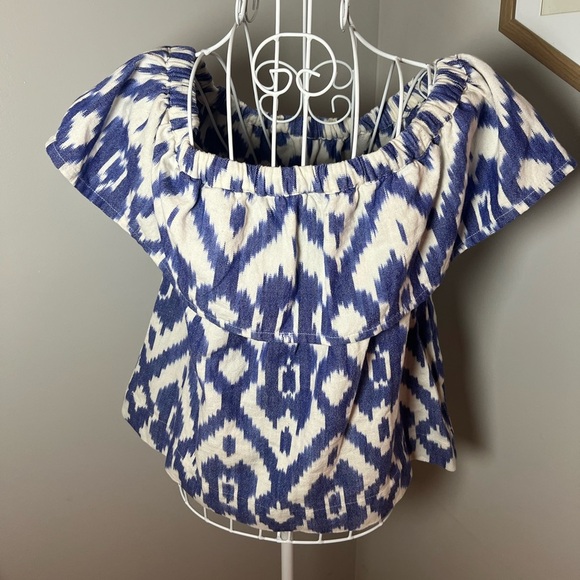 MADEWELL Balcony Off Shoulder Top Blue And White Ikat Cotton Drawstring Size XS - Picture 3 of 6